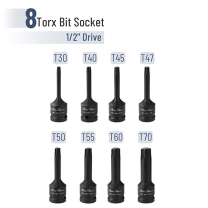Bates Choice Torx Bit Socket Set, 8 pcs, 1/2 Inch Drive, 3 Inch Long, Cr-Mo Steel, T30-T70, Star Bit Socket Set