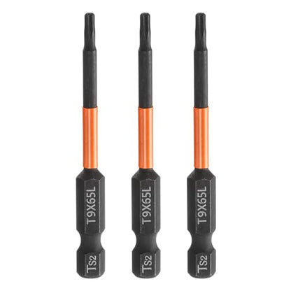 HARFINGTON 3pcs T9 Torx Head Screwdriver Bit 2.56" (65mm) Long 1/4" Hex Shank Magnetic No Hole Tamper Proof 6 Point Star Screw Driver Drill Bits Phosphate S2 Steel Industrial Power Tools - size: T9