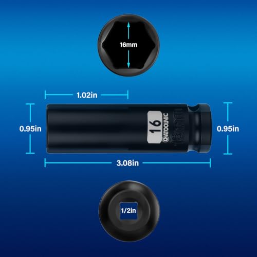 1/2 Inch Drive x 16mm Deep 6PT CR-MO Impact Socket for Removing Axle nut | Metric Socket,6-Point Radius Corner Design,Two Size Markings,Square Chamfered Opening,For Removal of Axle Nut - size: 16 mm, style: 1/2" Drive Deep Socket