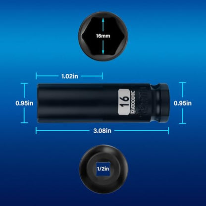 1/2 Inch Drive x 16mm Deep 6PT CR-MO Impact Socket for Removing Axle nut | Metric Socket,6-Point Radius Corner Design,Two Size Markings,Square Chamfered Opening,For Removal of Axle Nut - size: 16 mm, style: 1/2" Drive Deep Socket