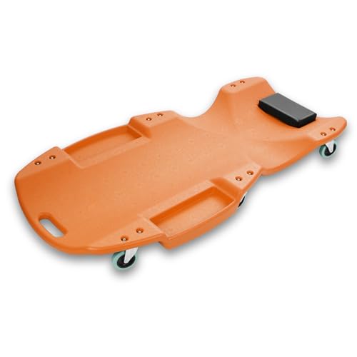 Auto Dynasty 47 Inches Mechanic Creeper, Automotive Garage Repair Low Profile Under Car Rolling Creeper with Padded Headrest, Plastic, Orange - color: Orange