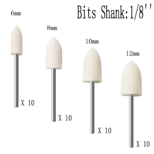 40 Pcs Bullet Shape Wool Polishing Bits - 1/8'' Shank Wool Felt Buffing Polishing Cone Kits for Dremel Rotary Tools (6mm/8mm/10mm/12mm) - style: 40 Pc Bullet Shape Wool Polishing Bits