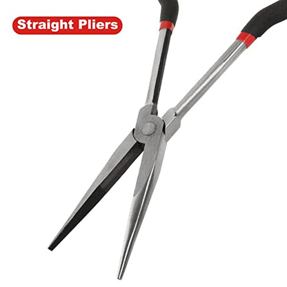 4 Pack Needle Nose Pliers Set, 11 inch Long Reach Plier, Straight Needle Noses Plier, 45 & 90 Degree Angle Curved Needle Nose Pliers,Spark Plug Removal Tool