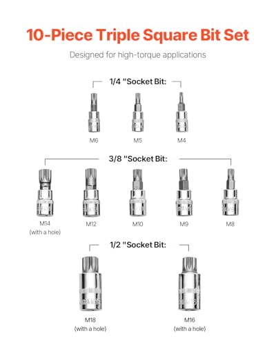 VEVOR XZN Triple Square Spline Bit Socket Set, 10-Piece M4 - M18, Premium Cr-V Steel, 1/4 in, 3/8 in, and 1/2 in Drives, with Enhanced Storage Case, Triple Square Socket Set for Hand Use, Automotive - style: 10 PCS XZN