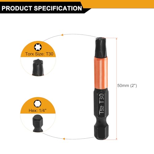 HARFINGTON 3pcs T30 Torx Head Screwdriver Bit 2" (50mm) Long 1/4" Hex Shank Magnetic No Hole Tamper Proof 6 Point Star Screw Driver Drill Bits Phosphate S2 Steel Industrial Power Tools - size: T30 x 50mm