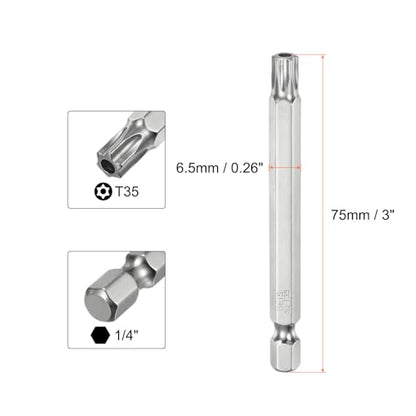 HARFINGTON 2pcs T35 Security Torx Bit 1/4" Hex Shank 3" Long S2 Steel Magnetic Tamper Resistant Star Bits Screwdriver Torx Head with Hole for Driver Drill Bits Remove Fastening Screws - size: T35