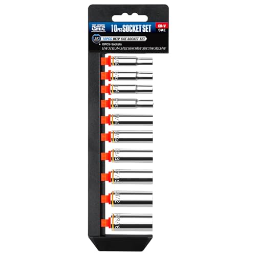 10PCS 1/4” Drive Deep Socket Set, SAE (3/16"-9/16"), 6-Point, Cr-V Steel, Chrome Plated Socket With Hanging Bracket, Cover Most Commonly Sizes - size: 1/4"SAE (3/16"-9/16")