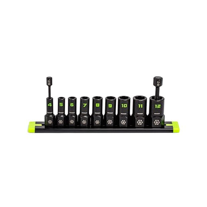GRIPEDGE Tools | 9-PC - 1/4'' Drive Metric RPT Socket Extractor Set | Sizes 4 – 12 MM | Removes Broken Studs, Stripped Bolts and Lug Nuts | Includes Premium Aluminum Socket Rail|