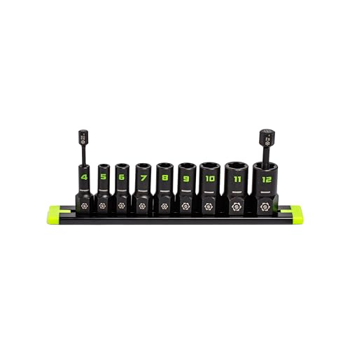 GRIPEDGE Tools | 9-PC - 1/4'' Drive Metric RPT Socket Extractor Set | Sizes 4 – 12 MM | Removes Broken Studs, Stripped Bolts and Lug Nuts | Includes Premium Aluminum Socket Rail|