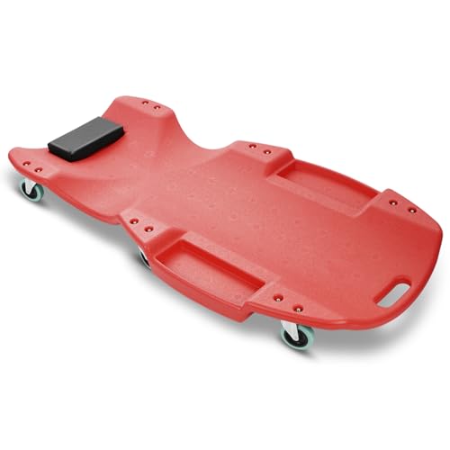 Auto Dynasty 47 Inches Mechanic Creeper, Automotive Garage Repair Low Profile Under Car Rolling Creeper with Padded Headrest, Plastic, Red - color: Red