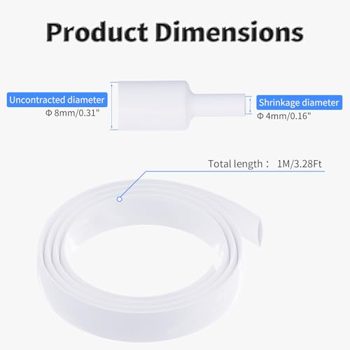 1M Heat Shrink Tubing, 8mm OD, 2:1 Ratio, White | Polyolefin Shrinkable Tube, Waterproof Electrical Insulation Tubing, for Wire Cable and Electronic Component Protection - size: 1M Φ8 White