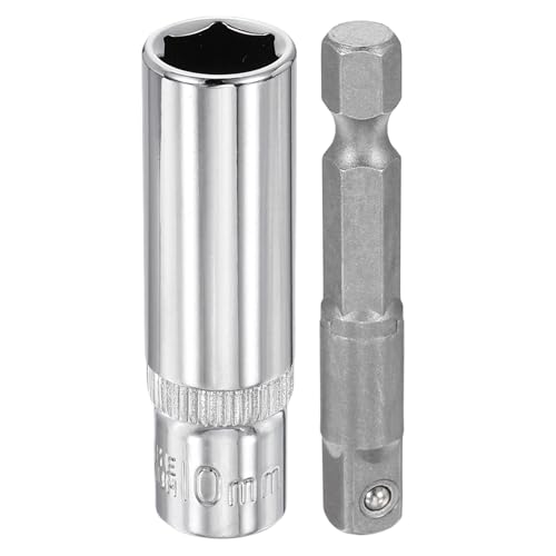 HARFINGTON Deep 6-Point Impact Socket 1/4" Drive 10mm Metric Socket 50mm (2") Long with 1/4" Hex Shank Adapter, CR-V Steel Socket Adapter Accessory Tool Set Kit for Hex Bolts Nuts - size: 10mm x 50mm