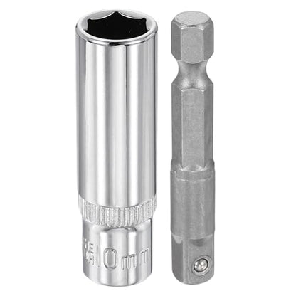 HARFINGTON Deep 6-Point Impact Socket 1/4" Drive 10mm Metric Socket 50mm (2") Long with 1/4" Hex Shank Adapter, CR-V Steel Socket Adapter Accessory Tool Set Kit for Hex Bolts Nuts - size: 10mm x 50mm