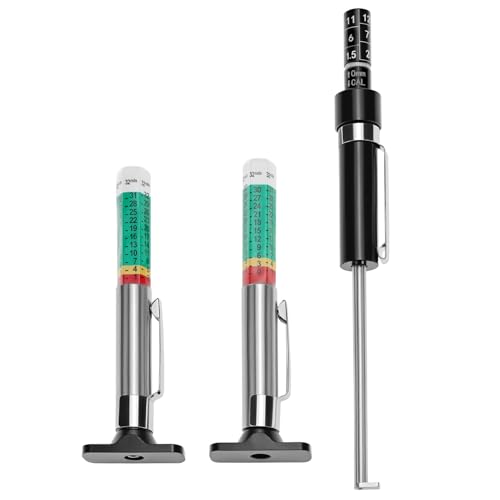 QWORK Tire Tread Depth Gauge 2-Pack + Brake Pad Thickness Gauge Set, Color-Coded 1/32 Inch Tire Tread Gauge (0–1 in), Brake Pad Measuring Tool for Internal & External Pads, for Car Truck Motorcycle