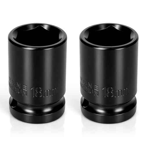 2PCS 18mm Impact Socket 1/2" Drive, 6 Point Metric Shallow Socket, CR-V Steel Heavy Duty Impact Wrench Socket for Automotive Repair - size: 18mm