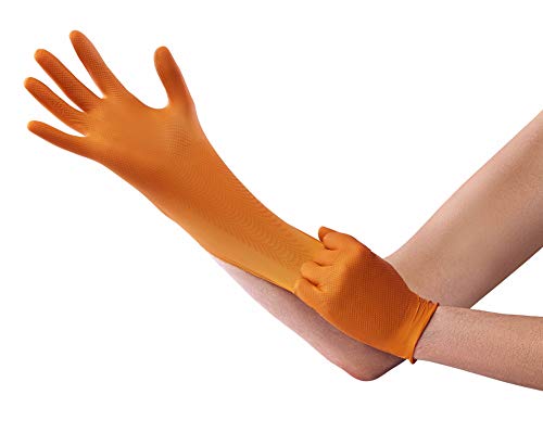 Venom Steel Orange Nitrile Gloves, 8 mil Thick, 50 Count, Maximum Grip Textured Disposable Gloves, Puncture and Rip Resistant, Hi-Visibility Orange, One Size Fits Most