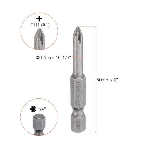HARFINGTON 5pcs #1 Phillips Screwdriver Bit PH1 1/4" Hex Shank 2" (50mm) Long Magnetic S2 Steel Industrial Grade Screw Driver Bit Cross Head Electric Drill Bits 0.177" (4.5mm) Rod - size: PH1 x 50mm x 4.5mm