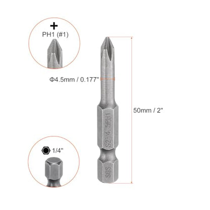 HARFINGTON 5pcs #1 Phillips Screwdriver Bit PH1 1/4" Hex Shank 2" (50mm) Long Magnetic S2 Steel Industrial Grade Screw Driver Bit Cross Head Electric Drill Bits 0.177" (4.5mm) Rod - size: PH1 x 50mm x 4.5mm