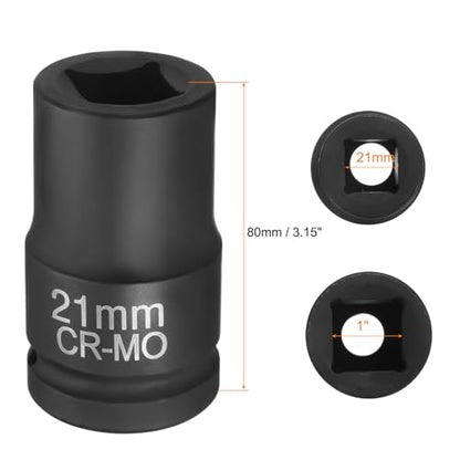 HARFINGTON 4 Point Square Socket 1" Drive 21mm Metric Square Impact Socket CR-MO Blackening Standard Wheel Sleeve Pneumatic Sleeve Tool for Auto Repair Mechanical Maintenance Home Use - size: 1"/21mm