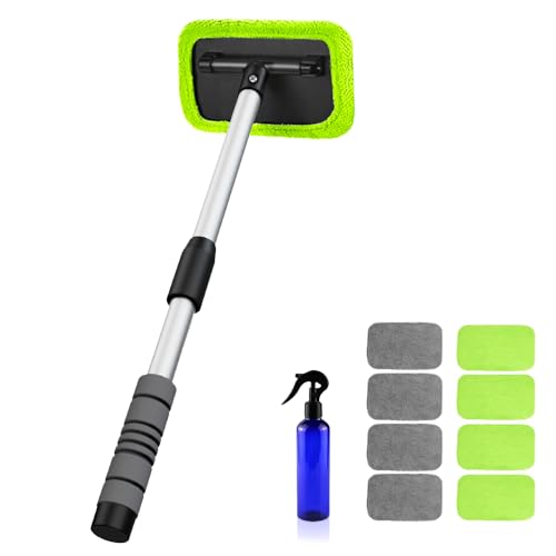 XINDELL Interior Windshield Cleaner Tool – Car Window Cleaning Tool 22inch Extendable Long Handle for Easy Cleaning, 9pcs Reusable Microfiber Pads, Streak-Free Interior & Exterior Auto Glass Cleaner - size: 22in