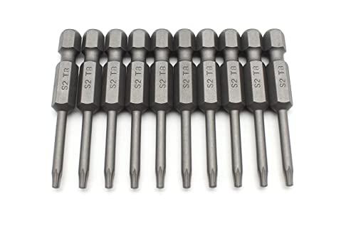 TEMO 10 pc T8 Torx Star Head Screwdriver Bit Set, S2 Steel 6 Point T-8 Reduced Round Shaft Screwdriver Insert Bits Hex Shank - size: T8 Round