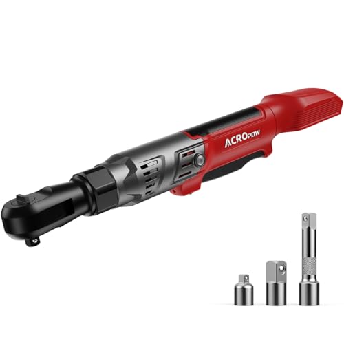 ACROPOW 3/8" Cordless Ratchet Wrench, Compatible with Milwaukee 18V Battery, 74Ft-Lbs Brushless Motor Electric Ratchet with Variable Speed, 1/2" & 1/4" Adapters, 3" Extension Bar (Tool Only) - color: Red