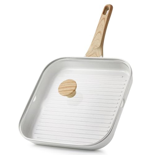 SENSARTE Nonstick Ceramic Grill Pan with Lid, Versatile Square Grilling Pan with Pour Spouts, Durable Grill Skillet for All Stoves(Gas,Electric,Induction) Non Toxic-PTFE,PFAS,PFOA Free, 9.5 Inch - color: White Ceramic, size: 9.5 Inch+Lid