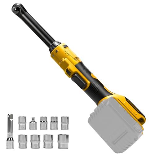 3/8" Cordless Ratchet Wrench for Dewalt 20V Battery, 60 Ft-lbs(81 N.m) Electric Ratchet Set with Extended Head, Variable Speed, 3/8" to 1/4" Adapter, LED Light, 8 Socket Set (No Battery)