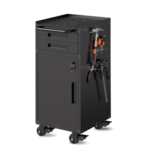 Metal Mobile Tool Storage Cabinet with 1 Locking Door and 2 Drawers,Black Heavy Duty Rolling Tool Cabinets for Garage,Metal Storage Cabinets with Wheels,Assembly Required - color: Black, style: 2 drawers 1 door with wheels