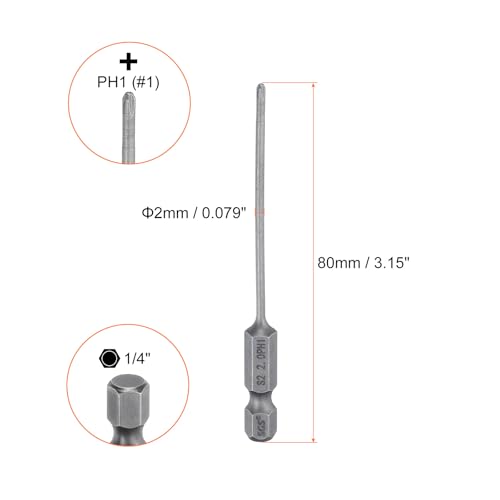 HARFINGTON 5pcs #1 Phillips Screwdriver Bit PH1 1/4" Hex Shank 3.15" (80mm) Long Magnetic S2 Steel Industrial Grade Screw Driver Bit Cross Head Electric Drill Bits 0.079" (2mm) Rod - size: PH1 x 80mm x 2mm