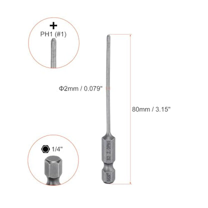 HARFINGTON 5pcs #1 Phillips Screwdriver Bit PH1 1/4" Hex Shank 3.15" (80mm) Long Magnetic S2 Steel Industrial Grade Screw Driver Bit Cross Head Electric Drill Bits 0.079" (2mm) Rod - size: PH1 x 80mm x 2mm