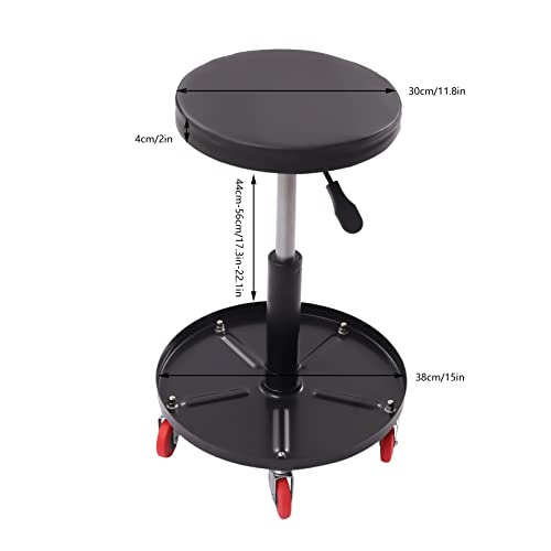 Heavy Duty Roller Seat, Pneumatic Mechanic Roller Seat, 2” Thick Padded Cushion, Adjustable Rolling Stool Chair Swivel w/Tool Tray, for Garage, Workshop and Auto Repair Shop, 300lbs (Black)
