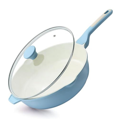 SENSARTE Nonstick Ceramic Skillet with Lid 12-inch, 5QT Non Toxic Deep Frying Pan, Saute Pan with Lid, Stay-cool Handle, Healthy Cooking Pot, Induction Compatible, Blue - color: Glicer Blue, size: 12-inch/5QT