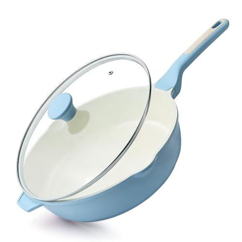 SENSARTE Nonstick Ceramic Skillet with Lid 12-inch, 5QT Non Toxic Deep Frying Pan, Saute Pan with Lid, Stay-cool Handle, Healthy Cooking Pot, Induction Compatible, Blue - color: Glicer Blue, size: 12-inch/5QT
