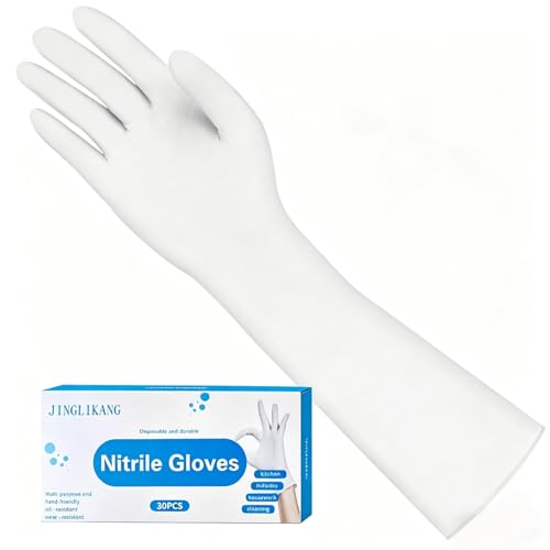 Long Sleeves Durable Disposable Nitrile White Gloves 15inches,Household Cleaning Dishwashing Waterproof 30PCS - color: White, size: Small