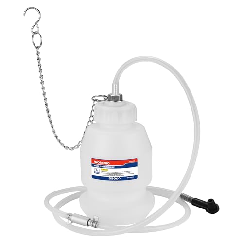 WORKPRO 1L Brake Bleeder Bottle with 63 Inch Brake Bleeder Hose One Way Check Valve & Rubber Connector, One Man Brake Bleeder Kit with Hooked Chain, Wide Base - for Automotive, Cars, Motorcycles