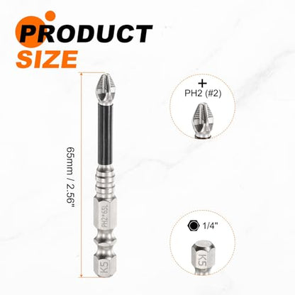 HARFINGTON 6pcs Impact Phillips Screwdriver Bit PH2 (#2) Anti Slip Tip 1/4" Hex Shank 2.56" (65mm) Long Magnetic Cross Screw Driver Industrial Power Drill Bits for Remove Fastening Screws - size: 2.56 inch