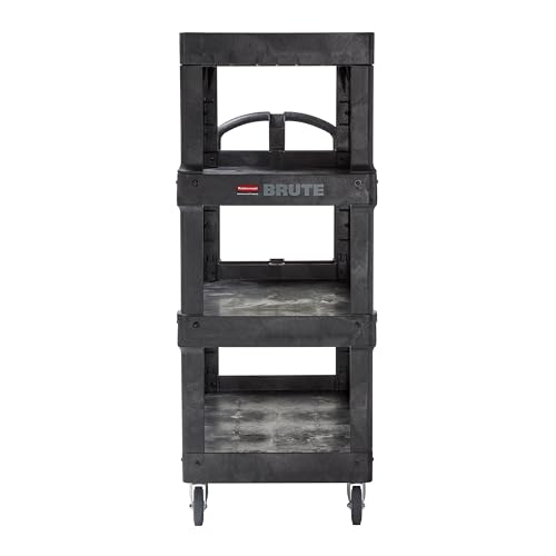 New Rubbermaid Commercial Products 4-Shelf Utility/Service Quad Cart, Heavy Duty Large, Lipped Shelf, Ergonomic Handle, 700 lbs. Capacity, for Warehouse/Garage/Cleaning/Manufacturing (2128657) Black - color: Black, size: Large, style: 4-Shelf