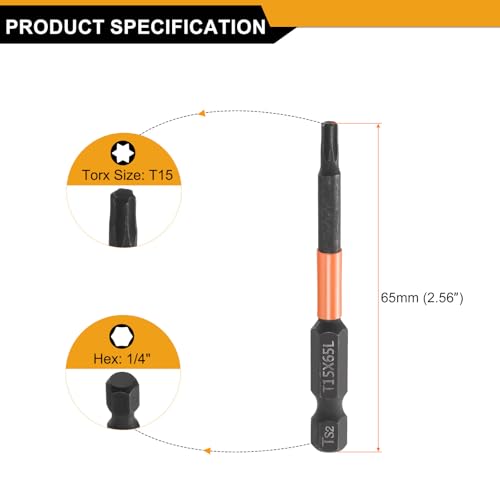 HARFINGTON 3pcs T15 Torx Head Screwdriver Bit 2.56" (65mm) Long 1/4" Hex Shank Magnetic No Hole Tamper Proof 6 Point Star Screw Driver Drill Bits Phosphate S2 Steel Industrial Power Tools - size: T15