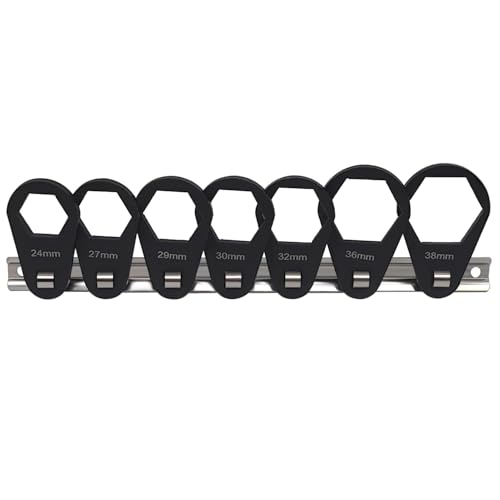 7PCS 6 Point 3/8" Drive Oil Filter Offset Cap Wrench Set, Crows Foot Ring Set, Universal 24-38mm Crowfoot Nut Wrench with Clip-on Organizer for Nut Removal and Mechanics Automotive Repair Work