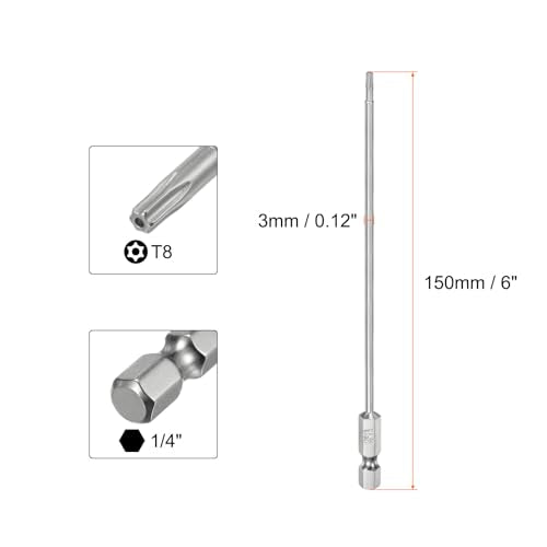 HARFINGTON 2pcs T8 Security Torx Bit 1/4" Hex Shank 6" Long S2 Steel Magnetic Tamper Resistant Star Bits Screwdriver Torx Head with Hole for Driver Drill Bits Remove Fastening Screws - size: T8
