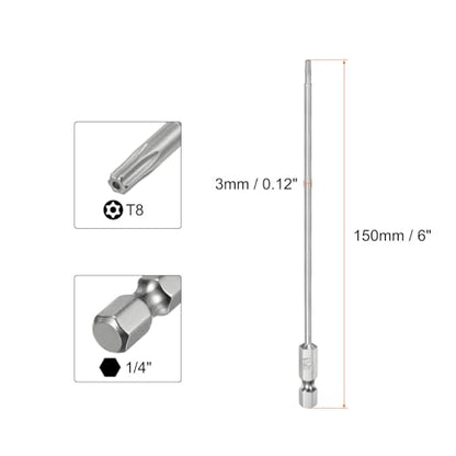 HARFINGTON 2pcs T8 Security Torx Bit 1/4" Hex Shank 6" Long S2 Steel Magnetic Tamper Resistant Star Bits Screwdriver Torx Head with Hole for Driver Drill Bits Remove Fastening Screws - size: T8