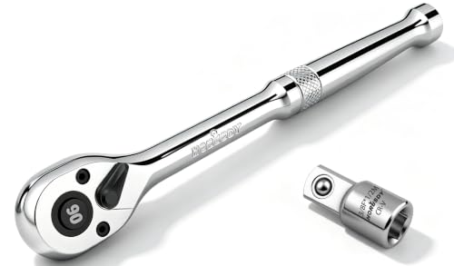 HORUSDY 3/8" Drive 90T Quick-Release Ratchet Handle, Reversible, Chrome Alloy Made, Full Polished, Includes 3/8" to 1/2" Socket Adapter, Ideal for Auto Repair, Home & Industrial Use - style: 3/8" Drive 90T