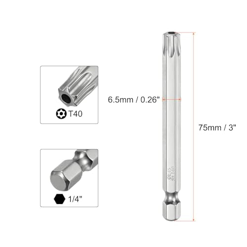 HARFINGTON 2pcs T40 Security Torx Bit 1/4" Hex Shank 3" Long S2 Steel Magnetic Tamper Resistant Star Bits Screwdriver Torx Head with Hole for Driver Drill Bits Remove Fastening Screws - size: T40