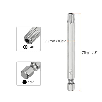 HARFINGTON 2pcs T40 Security Torx Bit 1/4" Hex Shank 3" Long S2 Steel Magnetic Tamper Resistant Star Bits Screwdriver Torx Head with Hole for Driver Drill Bits Remove Fastening Screws - size: T40