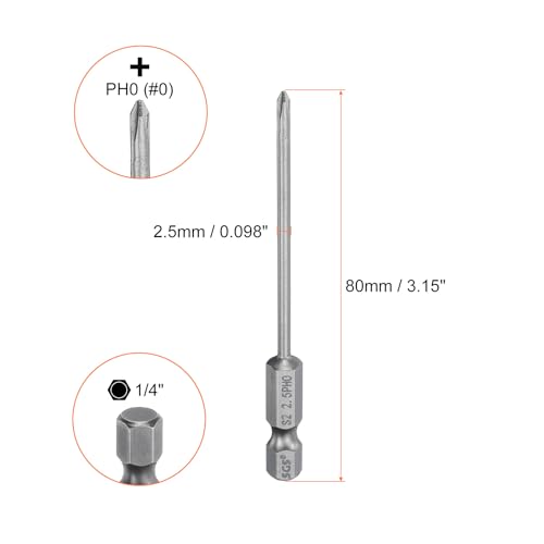 HARFINGTON 5pcs #0 Phillips Screwdriver Bit PH0 1/4" Hex Shank 3.15" (80mm) Long Magnetic S2 Steel Industrial Grade Screw Driver Bit Cross Head Electric Drill Bits 0.098" (2.5mm) Rod - size: PH0 x 80mm x 2.5mm
