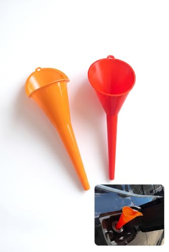 2 PCS Oil Funnel for Oil Change, No-Spill Long Neck Funnel with Hanging Hole, Universal Fuel & Transmission Fluid Filling Tool for Cars and Motorcycles (Orange+Red)