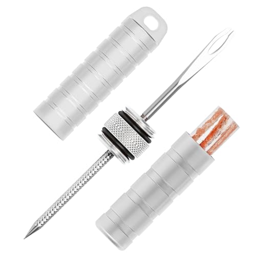 BWSHLF Tubeless Bike Tire Repair Kit for Mountain Bikes & Road Bicycles, Tubeless Tire Plug Kit with Storage Canister, Reamer, Insertion Fork, 10 Bacon Strips, Fix a Puncture or Flat, No Glue Needed - color: Silver