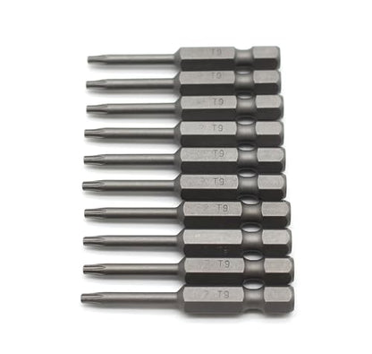 TEMO 10 pc T9 Torx Star Head Screwdriver Bit Set, S2 Steel 6 Point T-9 Reduced Round Shaft Screwdriver Insert Bits Hex Shank - size: T9 Round