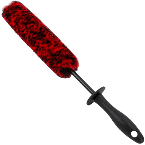 Mothers Wheel Barrel Brush, 16-Inch Wheel Cleaning Brush for Car Detailing, Long Reach Rim and Spoke Tool for Brake Dust, Red and Black, 1 Pack